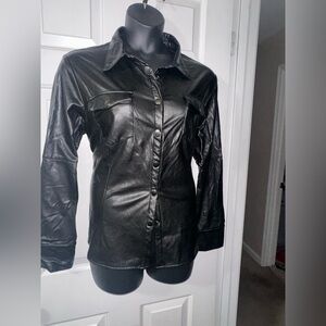 Black Faux Leather Button-Front Top